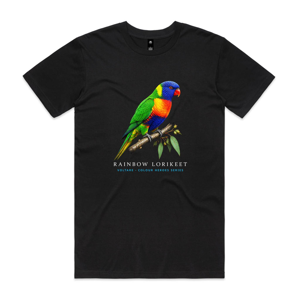 Front of Voltare Black Rainbow Lorikeet T-shirt featuring a colourful lorikeet perched on a eucalyptus branch.