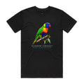 Front of Voltare Black Rainbow Lorikeet T-shirt featuring a colourful lorikeet perched on a eucalyptus branch.