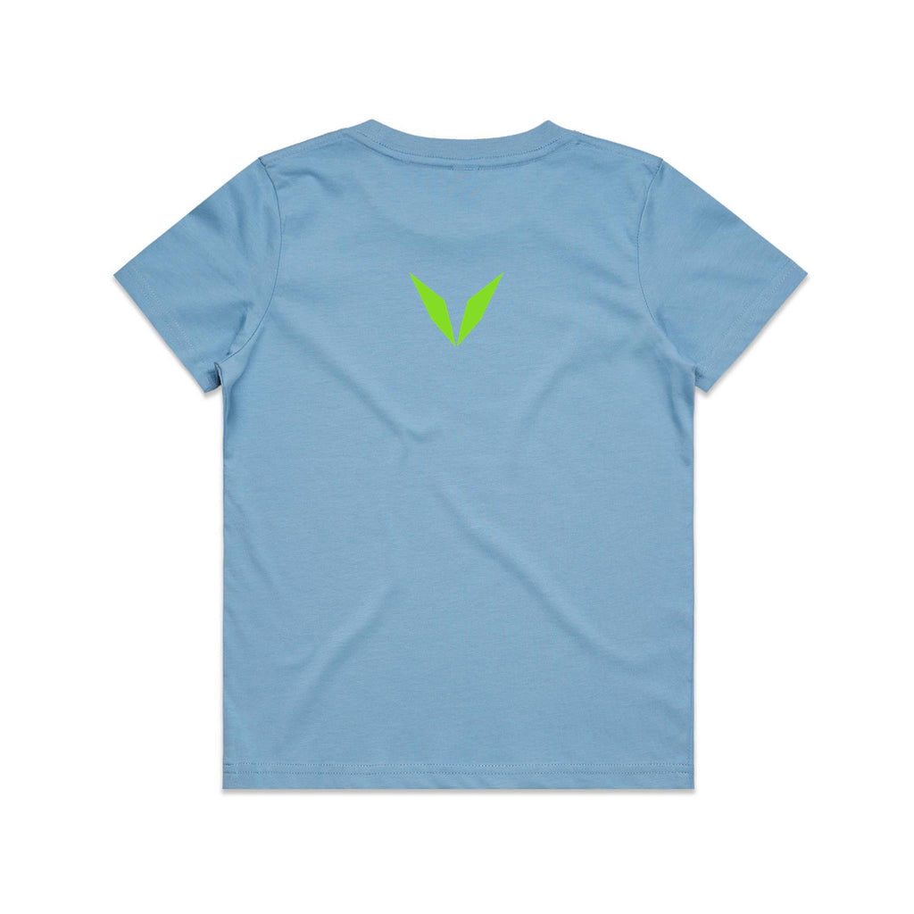 Back of Voltare Rainbow Lorikeet Tiny Explorers kids tee in Carolina Blue with lime-green Voltare V logo