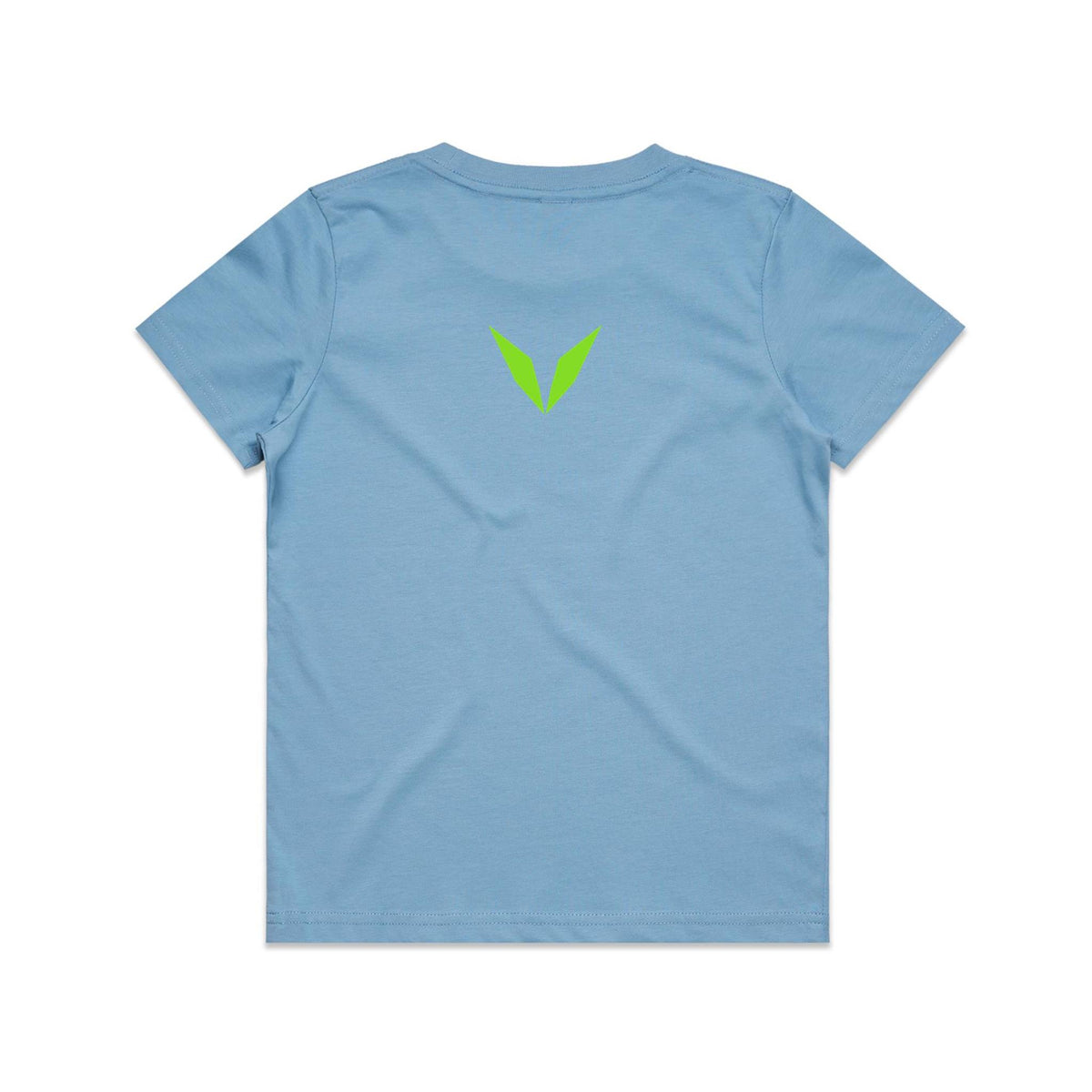 Back of Voltare Rainbow Lorikeet Tiny Explorers kids tee in Carolina Blue with lime-green Voltare V logo