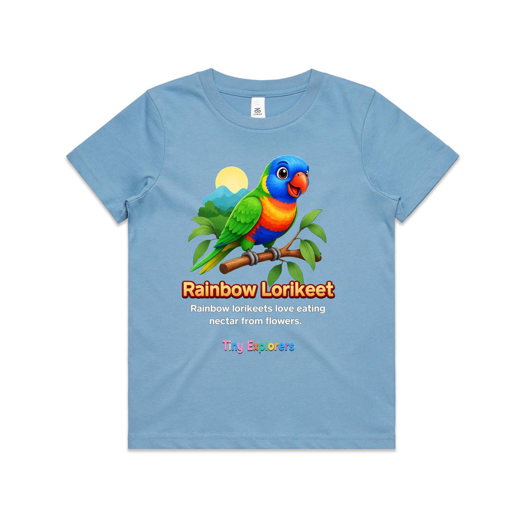 Front of Voltare Rainbow Lorikeet Tiny Explorers kids tee in Carolina Blue with colourful lorikeet artwork and nectar fact