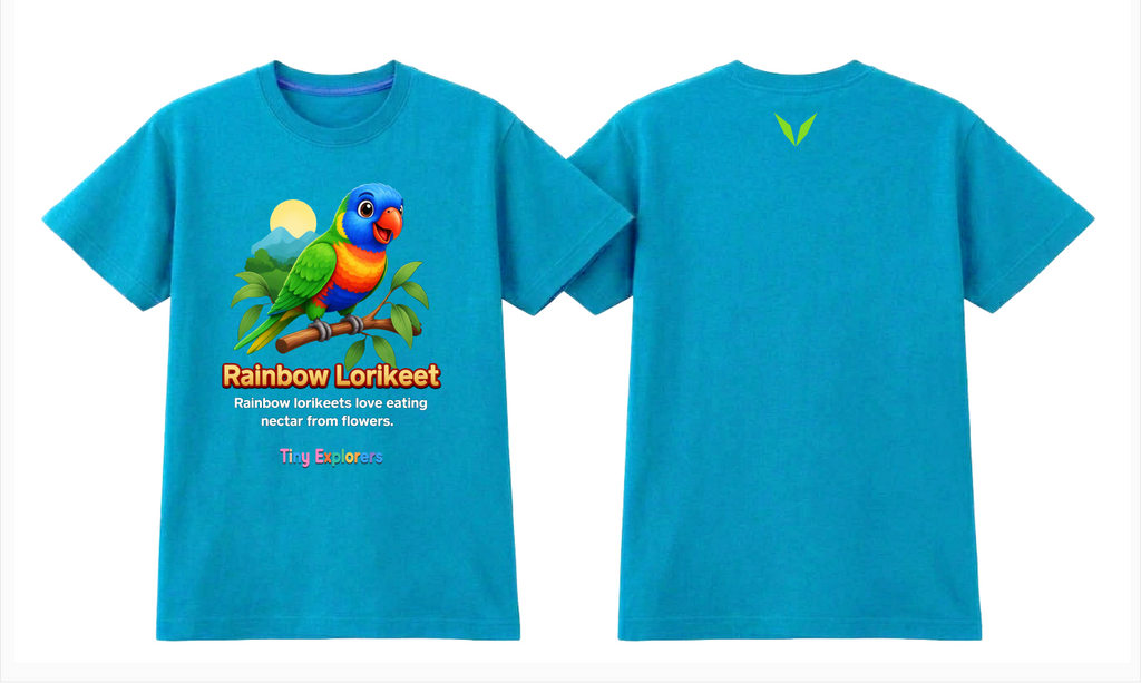 Front and back design preview of Voltare Rainbow Lorikeet Tiny Explorers kids tee on a turquoise shirt with lime-green V logo
