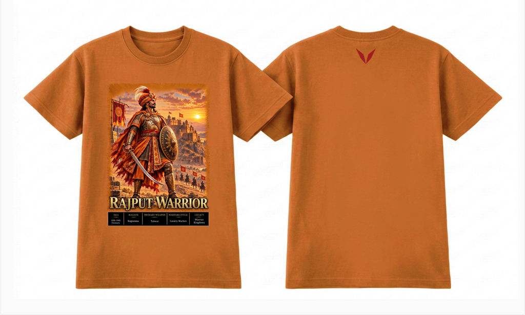 Front and back preview of the Voltare Rajput Warrior tee with sword-and-shield artwork, a sunset fortress and deep-red back V on an orange-toned garment

