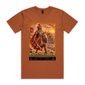 Copper Voltare Rajput Warrior tee featuring an armoured warrior with a curved sword and round shield, a sunset fortress and historical fact panels