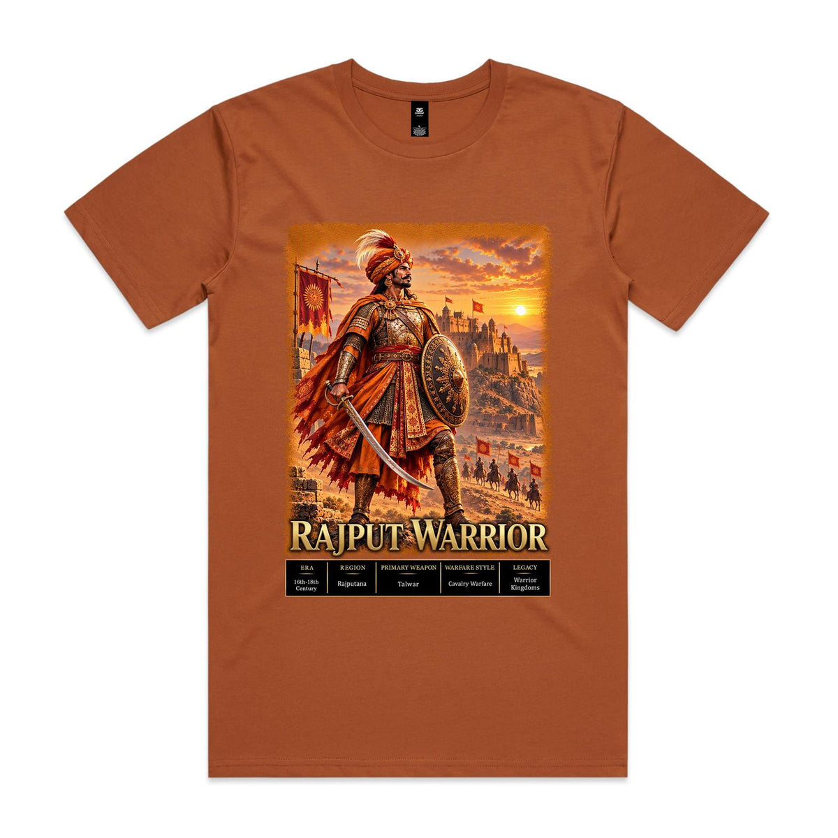 Copper Voltare Rajput Warrior tee featuring an armoured warrior with a curved sword and round shield, a sunset fortress and historical fact panels