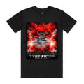 Front of Voltare Red Alert Tyre Fryer black tee with head-on supercharged muscle car and dense red and white tyre smoke