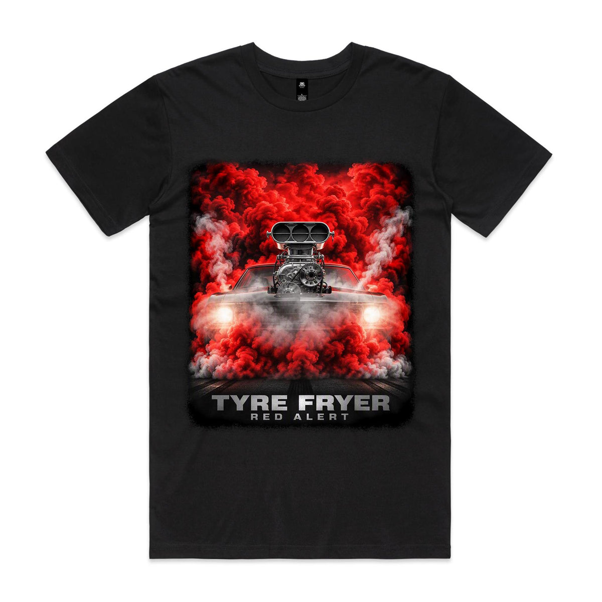 Front of Voltare Red Alert Tyre Fryer black tee with head-on supercharged muscle car and dense red and white tyre smoke