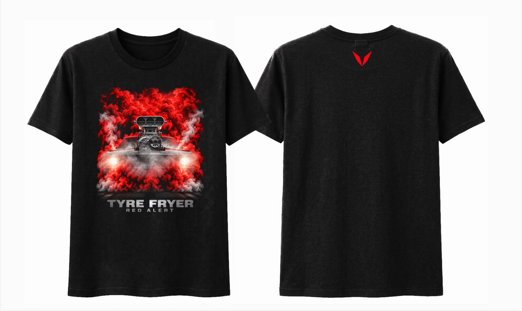 Front and back preview of Voltare Red Alert Tyre Fryer black tee with red smoke muscle car artwork and bright-red Voltare V logo