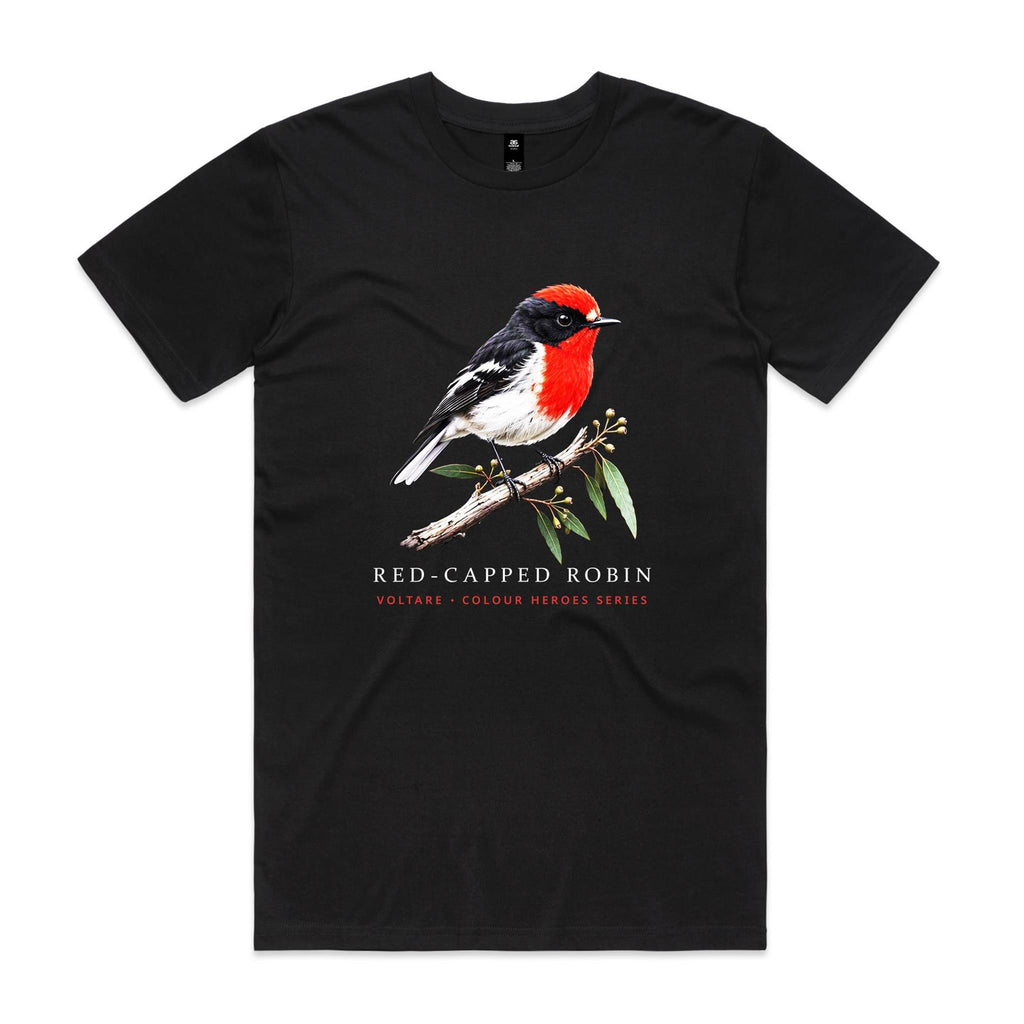 Front of Voltare Black Red-Capped Robin T-shirt featuring a red, black-and-white robin perched on a eucalyptus branch.