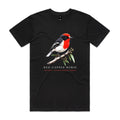 Front of Voltare Black Red-Capped Robin T-shirt featuring a red, black-and-white robin perched on a eucalyptus branch.