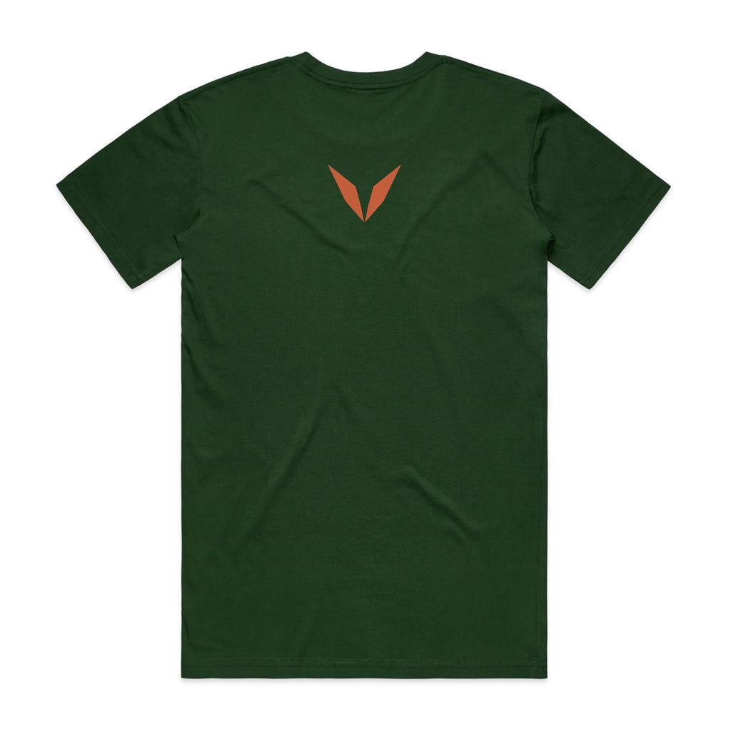 Back of the forest green Voltare Red Goshawk Sky Hunters T-shirt with a small rust-orange Voltare V logo at the upper back