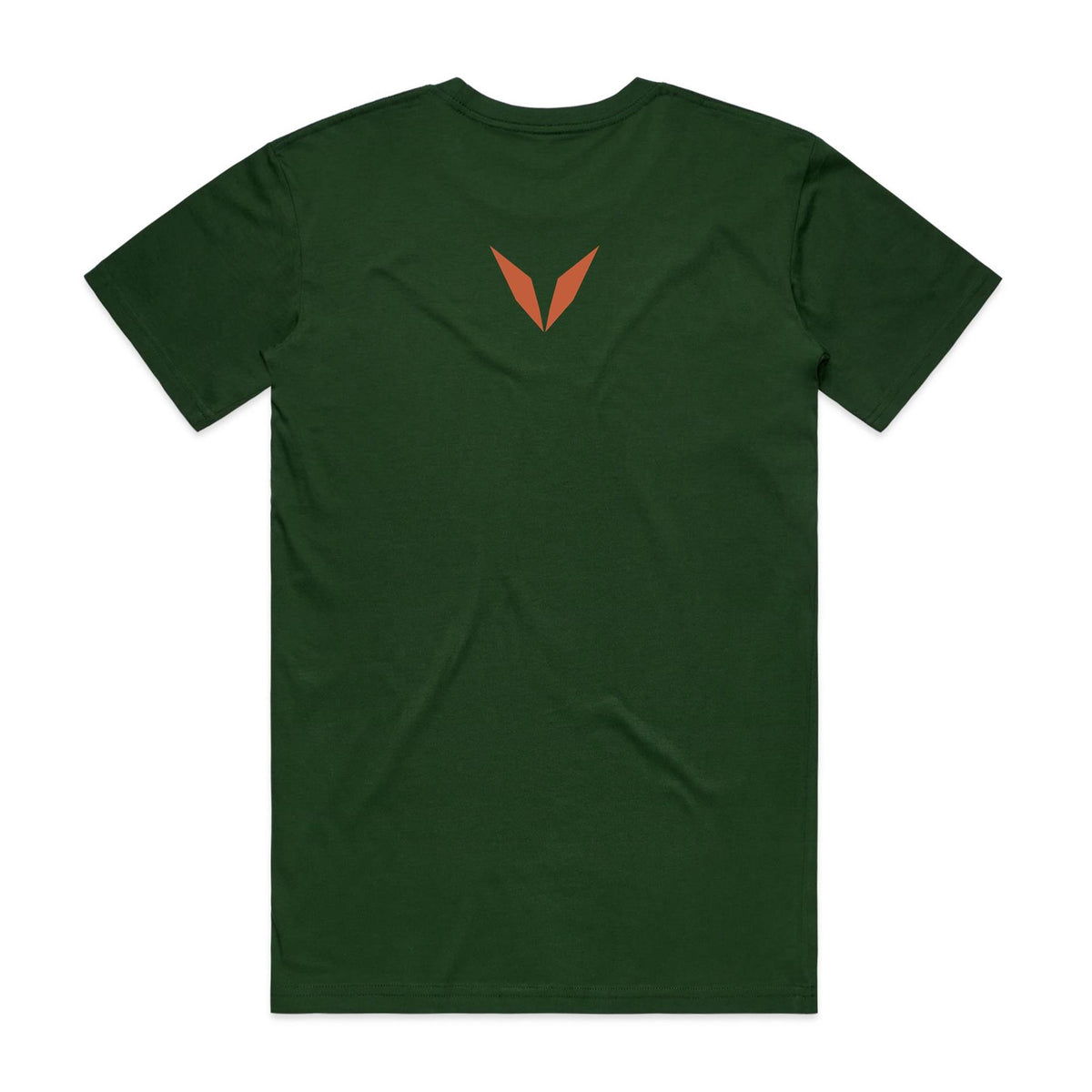 Back of the forest green Voltare Red Goshawk Sky Hunters T-shirt with a small rust-orange Voltare V logo at the upper back