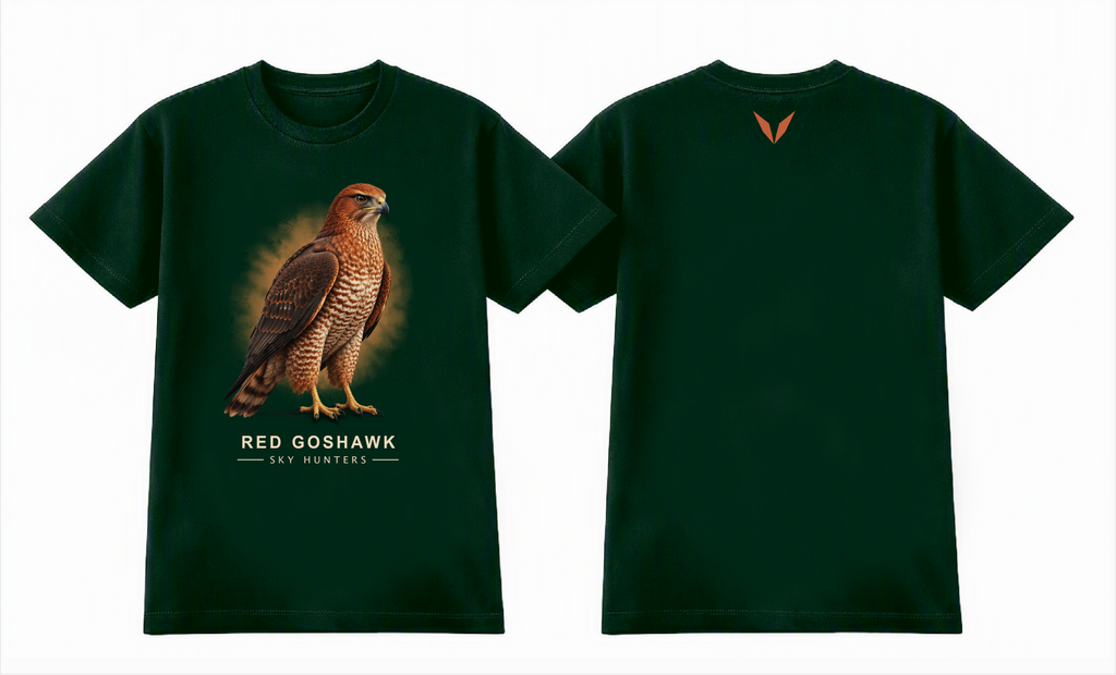 Front and back preview of the Voltare Red Goshawk Sky Hunters T-shirt, with reddish-brown goshawk artwork on the front and a small rust-orange Voltare V logo on the upper back.