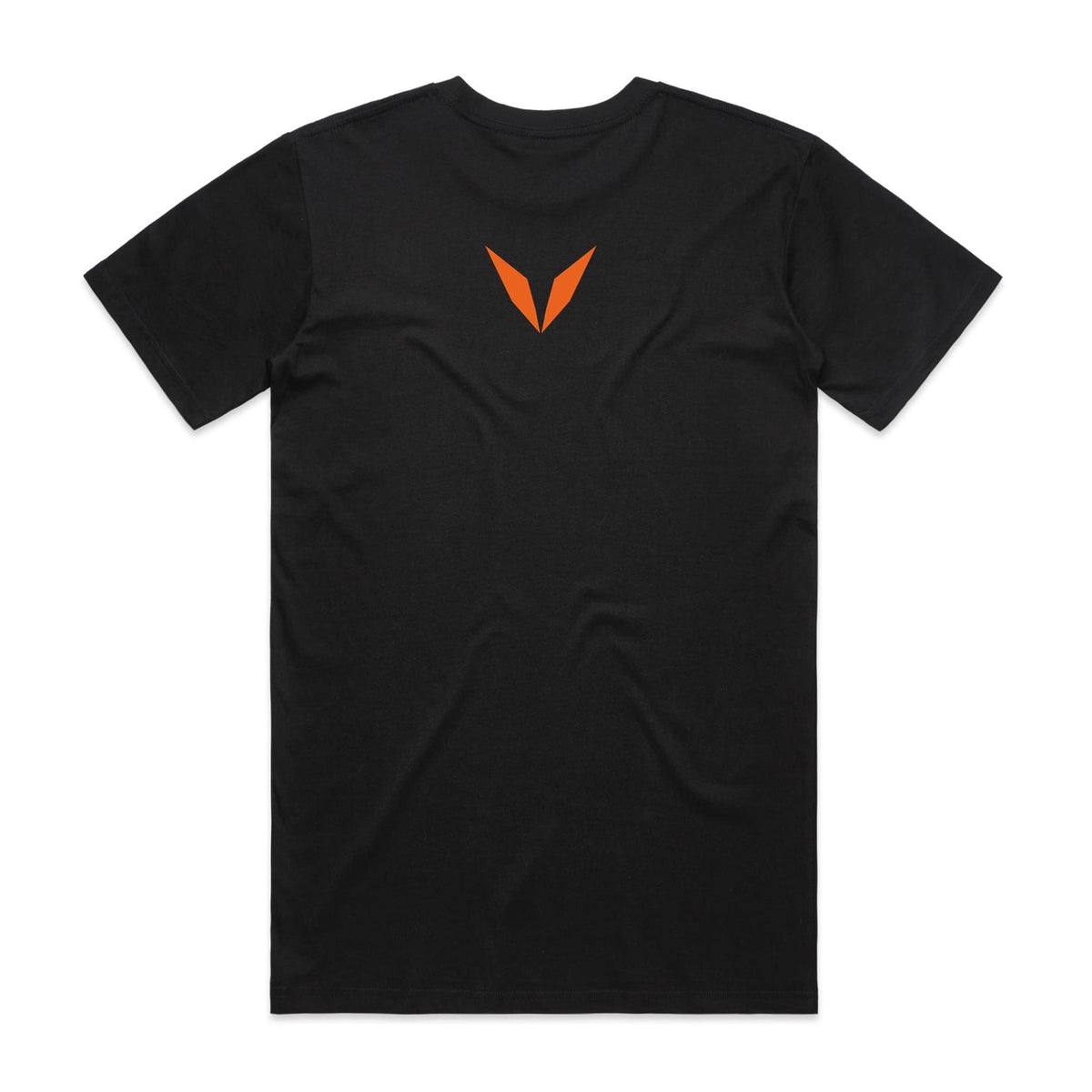 Back of the black Voltare Red Panda Colour Heroes Worldwide T-shirt with a small orange Voltare V logo at the upper back.