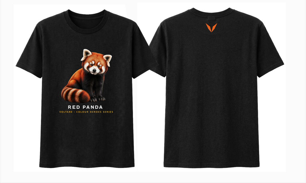 Front and back preview of the black Voltare Red Panda Colour Heroes Worldwide T-shirt, with red panda artwork on the front and an orange Voltare V on the back.