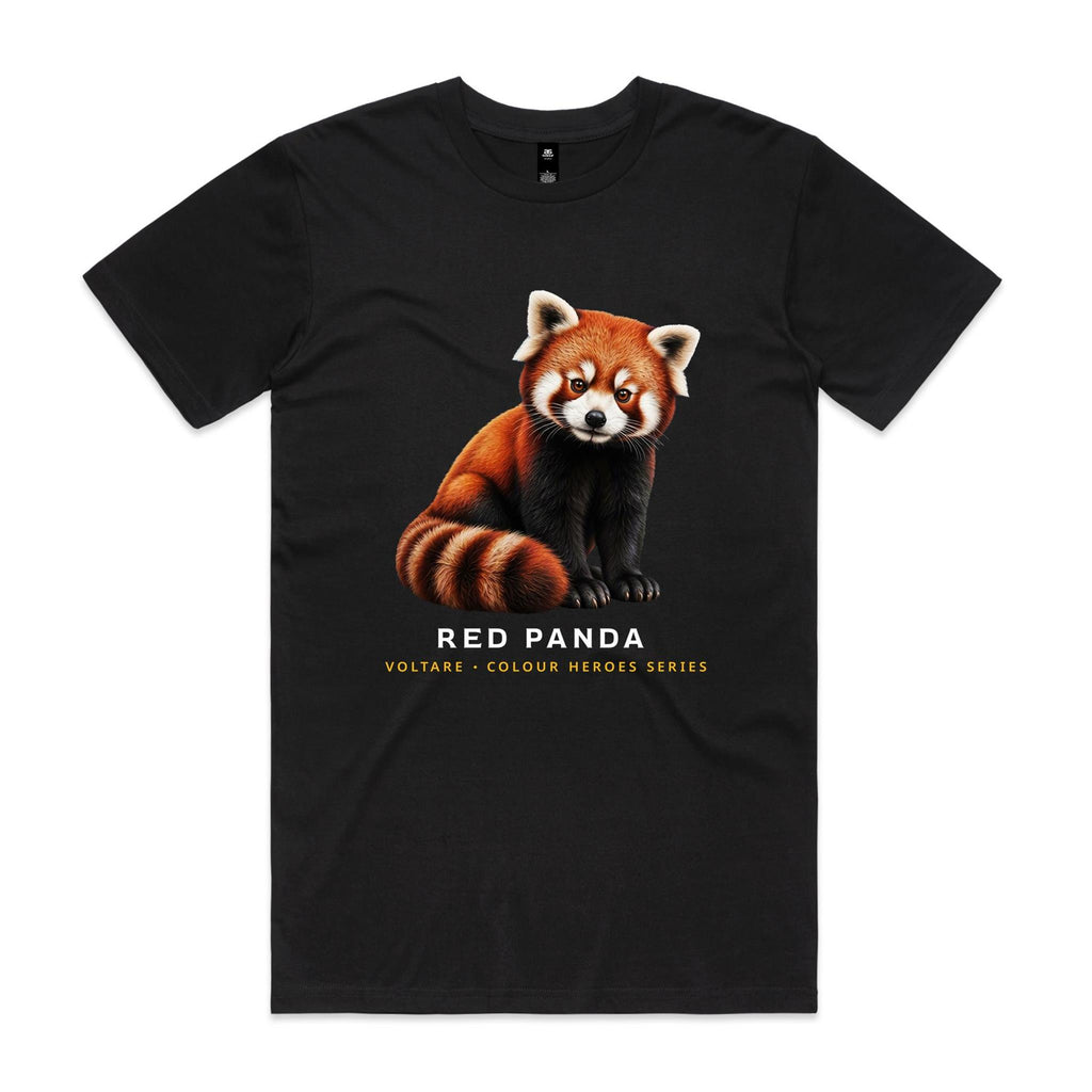Front of the black Voltare Red Panda Colour Heroes Worldwide T-shirt with a seated red panda, russet fur, white facial markings and a curled ringed tail.