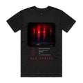 Front of Voltare Red Sprite black tee with branching red atmospheric lights above storm clouds, atmospheric-facts panel and red lettering