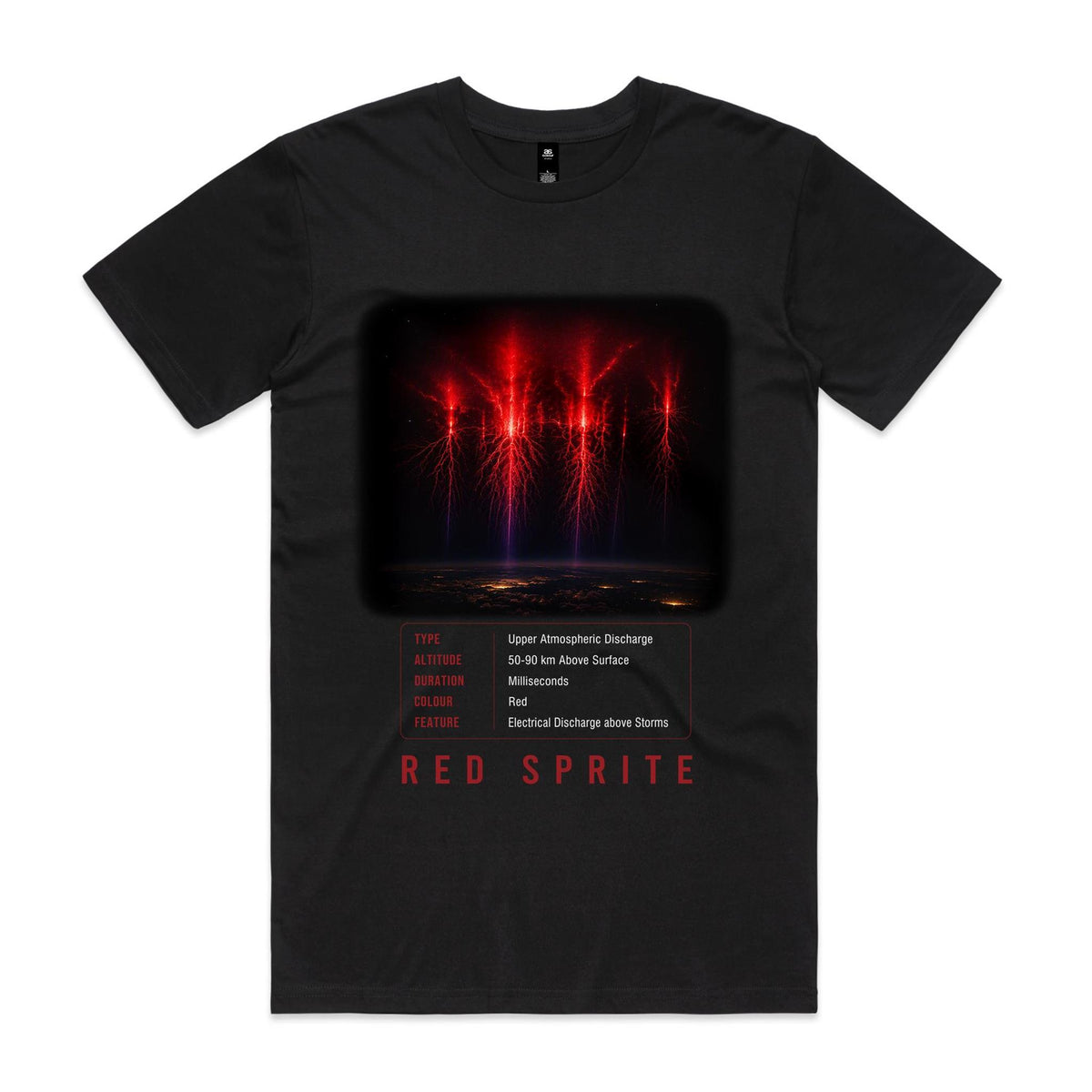 Front of Voltare Red Sprite black tee with branching red atmospheric lights above storm clouds, atmospheric-facts panel and red lettering