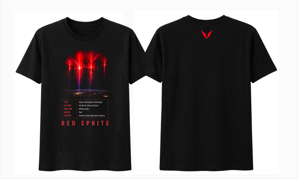Front and back preview of Voltare Red Sprite black tee with branching atmospheric-light artwork, facts panel and bright-red Voltare V logo