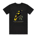Front of Voltare Black Regent Bowerbird T-shirt featuring a black-and-yellow bird perched on a eucalyptus branch.