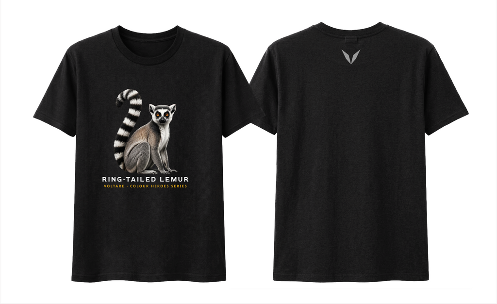 Front and back preview of the black Voltare Ring-tailed Lemur Colour Heroes Worldwide T-shirt, with lemur artwork on the front and a grey Voltare V on the back.