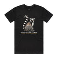 Front of the black Voltare Ring-tailed Lemur Colour Heroes Worldwide T-shirt with a seated lemur and a tall black-and-white striped tail.