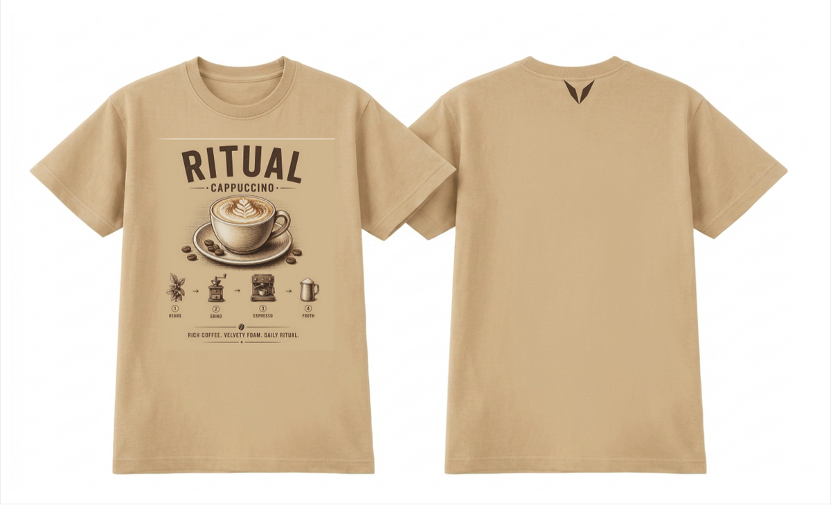 Front and back views of the camel Voltare Ritual Cappuccino T-shirt, with engraved cappuccino artwork and a small dark Voltare V logo on the upper back.