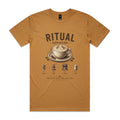 Front of the camel Voltare Ritual Cappuccino T-shirt with an engraved cappuccino cup and rosetta and the four-step beans, grind, espresso, froth method.