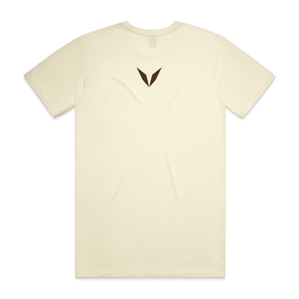 Back of the butter Voltare Ritual Chamomile T-shirt with a small dark brown Voltare V logo at the upper back.