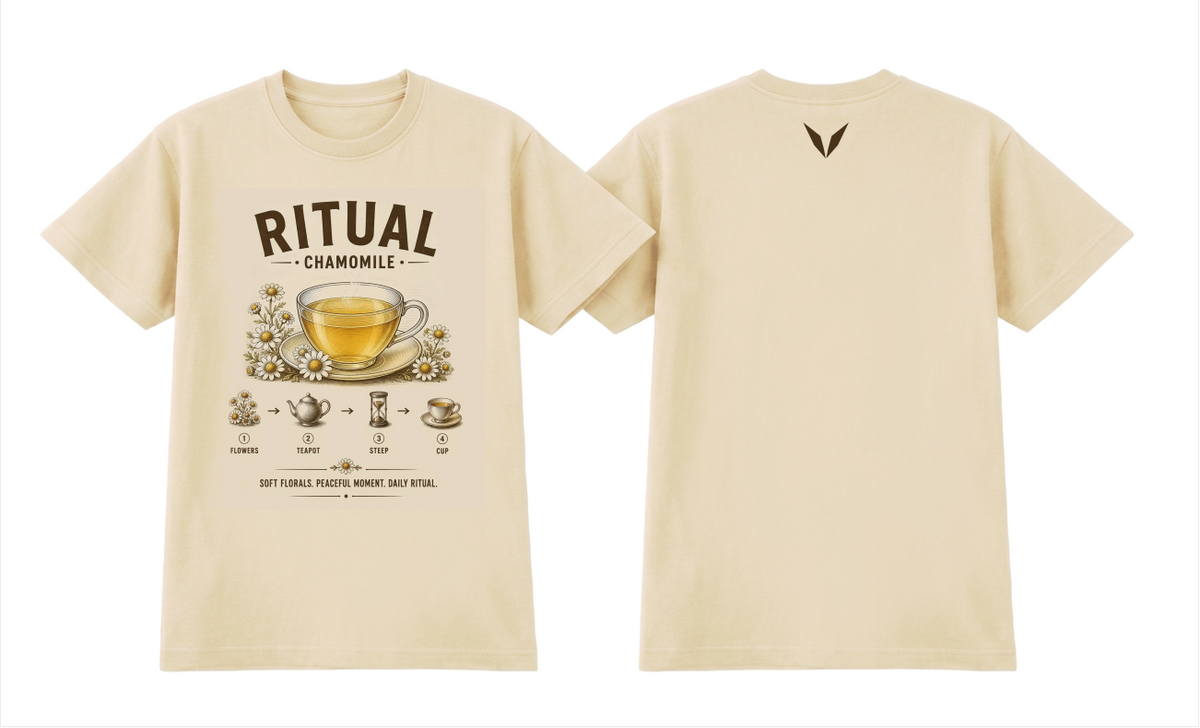 Front and back views of the butter Voltare Ritual Chamomile T-shirt, with engraved chamomile tea artwork and a small dark brown Voltare V logo on the upper back.