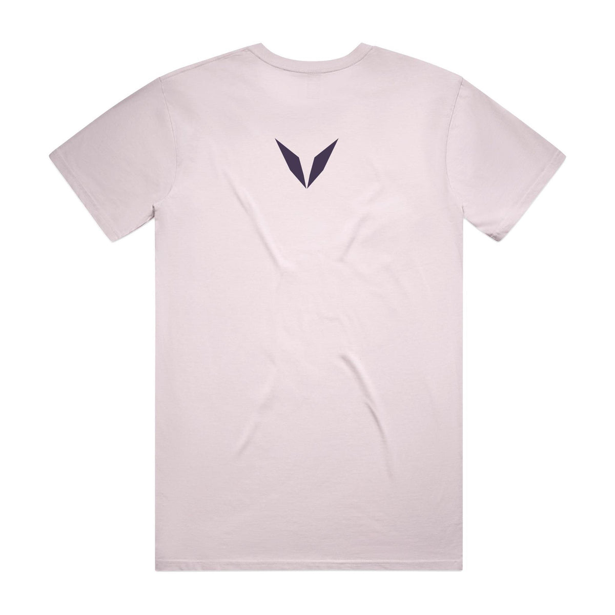 Back of the orchid Voltare Ritual Earl Grey T-shirt with a small dark Voltare V logo at the upper back.