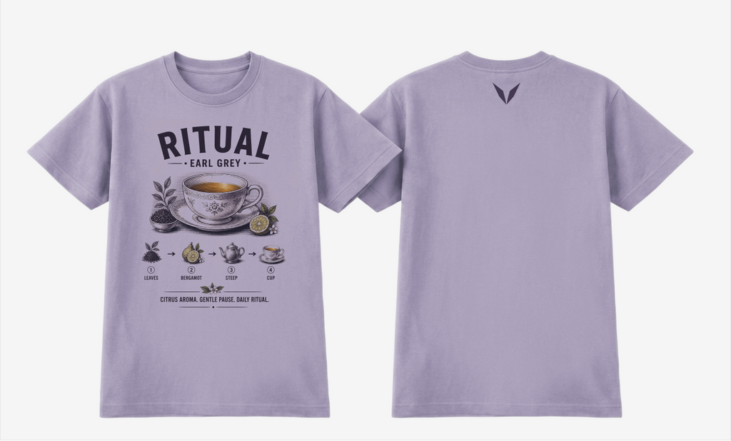 Front and back views of the orchid Voltare Ritual Earl Grey T-shirt, with engraved teacup Earl Grey artwork and a small dark Voltare V logo on the upper back.