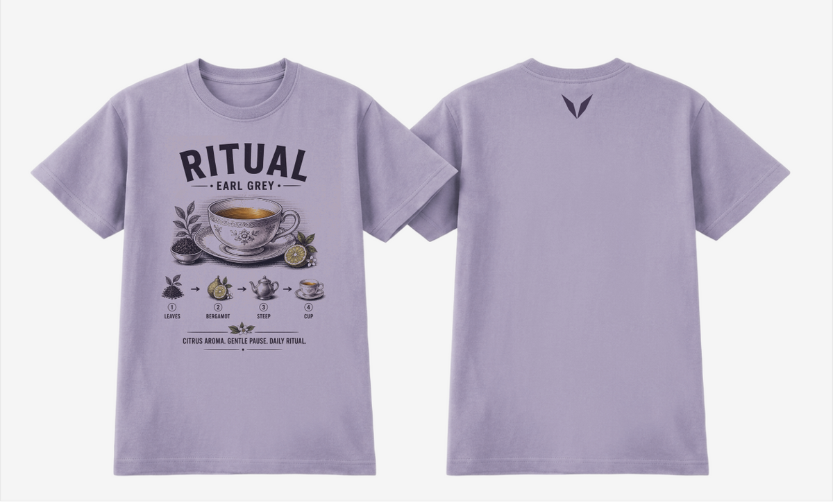 Front and back views of the orchid Voltare Ritual Earl Grey T-shirt, with engraved teacup Earl Grey artwork and a small dark Voltare V logo on the upper back.
