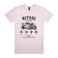 Front of the orchid Voltare Ritual Earl Grey T-shirt with an engraved patterned teacup and saucer and the four-step Earl Grey method in fine linework.