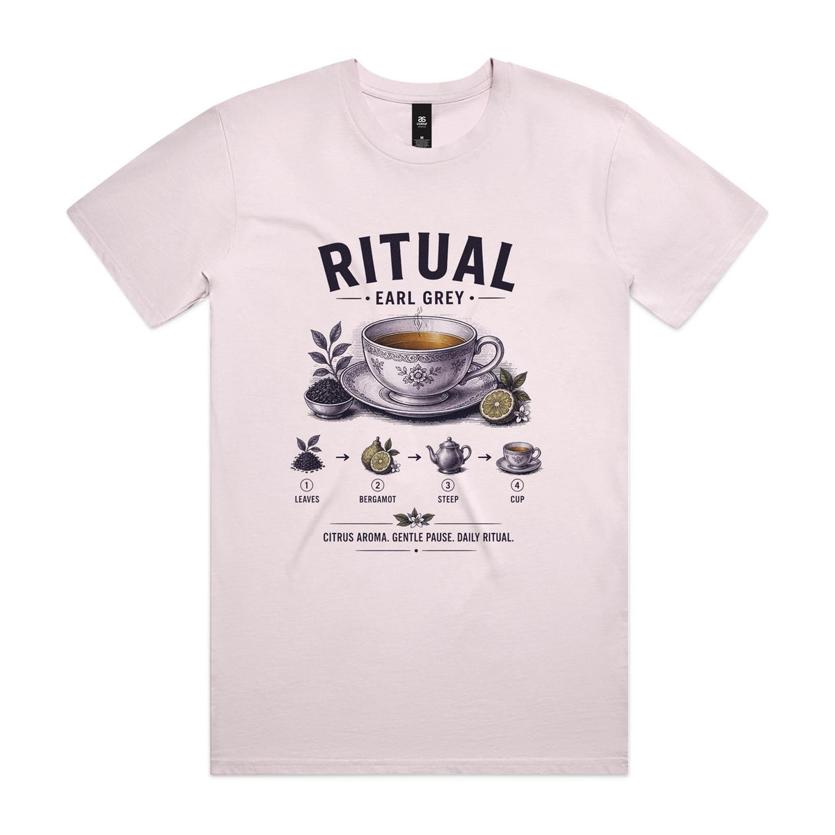 Front of the orchid Voltare Ritual Earl Grey T-shirt with an engraved patterned teacup and saucer and the four-step Earl Grey method in fine linework.
