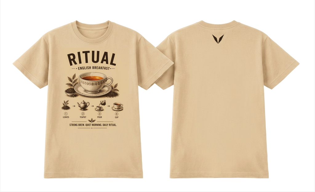 Front and back views of the camel Voltare Ritual English Breakfast T-shirt, with engraved English Breakfast tea artwork and a small dark brown Voltare V logo on the upper back.