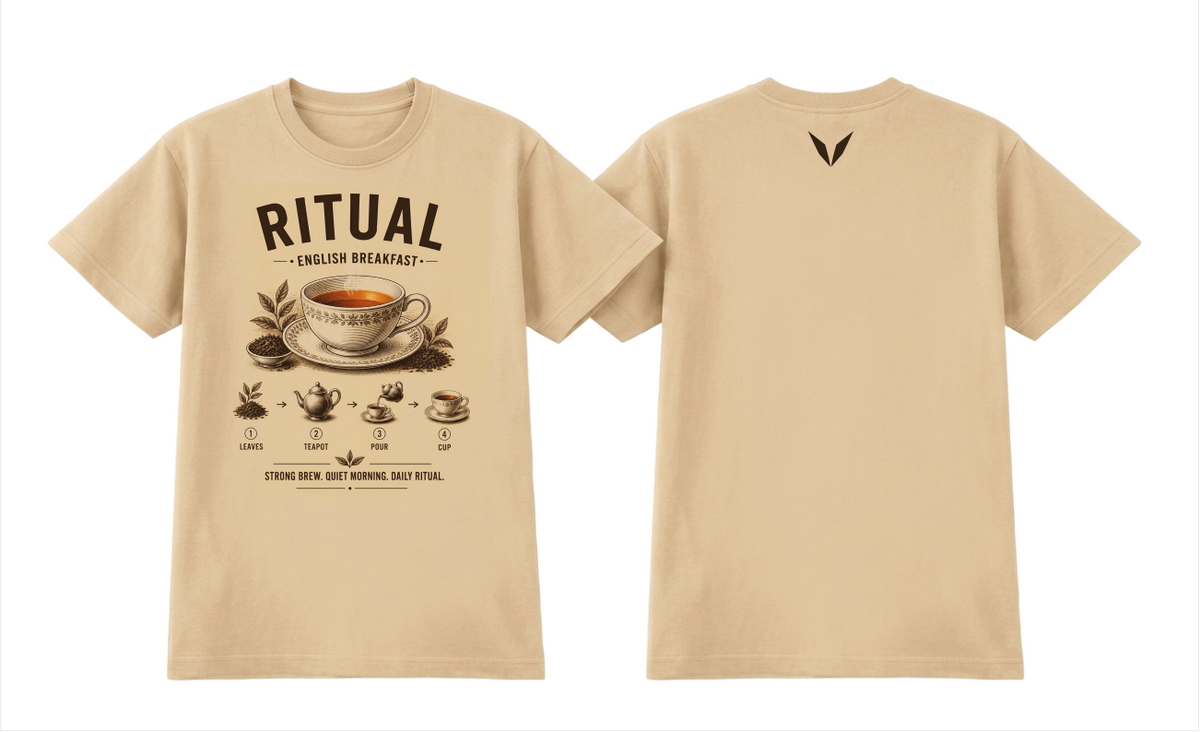 Front and back views of the camel Voltare Ritual English Breakfast T-shirt, with engraved English Breakfast tea artwork and a small dark brown Voltare V logo on the upper back.