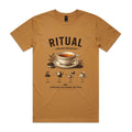 Front of the camel Voltare Ritual English Breakfast T-shirt with an engraved patterned teacup and the four-step leaves, teapot, pour, cup method.