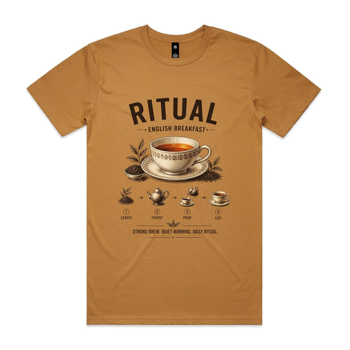 Front of the camel Voltare Ritual English Breakfast T-shirt with an engraved patterned teacup and the four-step leaves, teapot, pour, cup method.