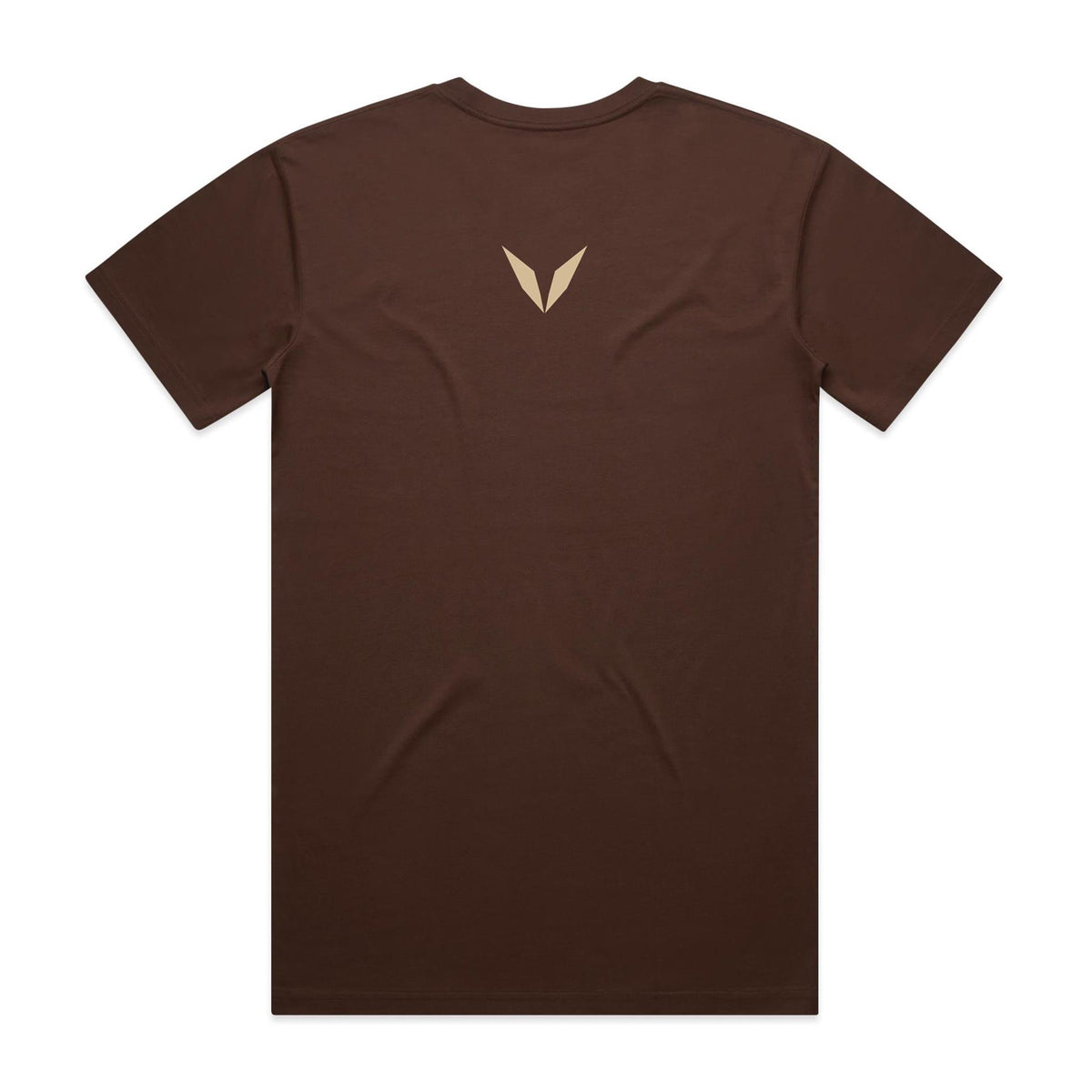 Back of the chestnut Voltare Ritual Espresso T-shirt with a small cream Voltare V logo at the upper back.