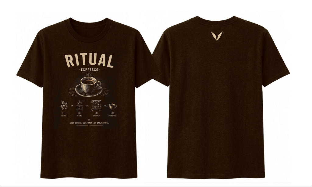 Front and back views of the chestnut Voltare Ritual Espresso T-shirt, with cream espresso artwork and a small cream Voltare V logo on the upper back.
