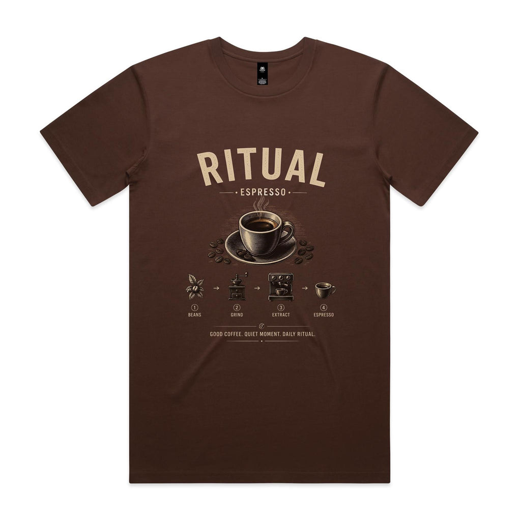 Front of the chestnut Voltare Ritual Espresso T-shirt with a cream engraved espresso cup and the four-step beans, grind, extract, espresso method.