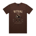 Front of the chestnut Voltare Ritual Espresso T-shirt with a cream engraved espresso cup and the four-step beans, grind, extract, espresso method.