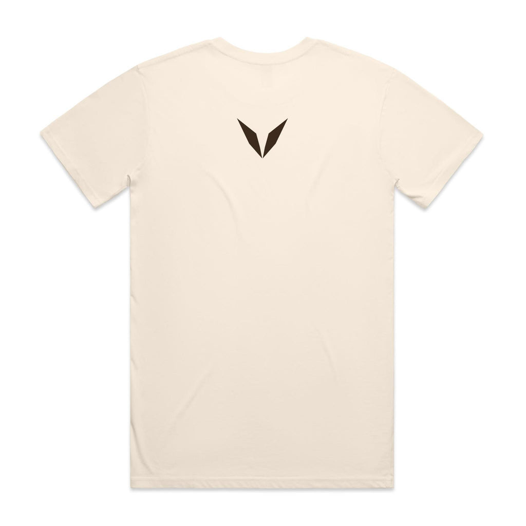 Back of the ecru Voltare Ritual Flat White T-shirt with a small dark coffee-brown Voltare V logo at the upper back.