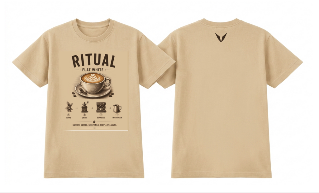 Front and back views of the ecru Voltare Ritual Flat White T-shirt, with engraved flat white artwork and a small dark Voltare V logo on the upper back.