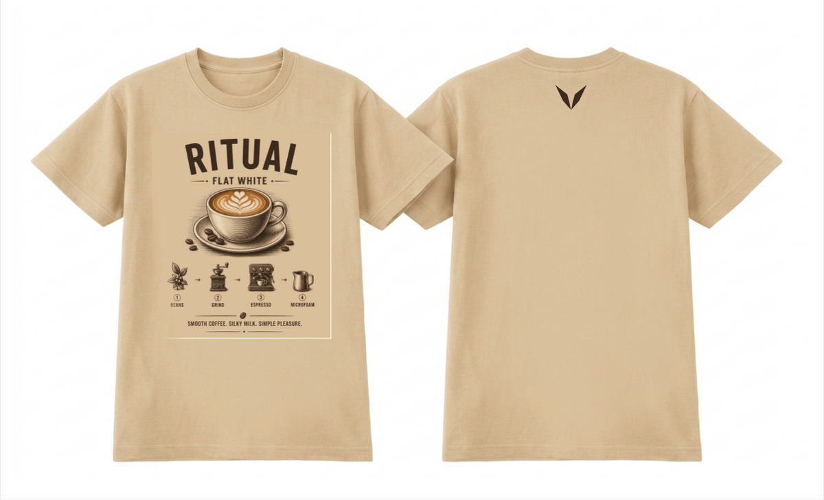 Front and back views of the ecru Voltare Ritual Flat White T-shirt, with engraved flat white artwork and a small dark Voltare V logo on the upper back.