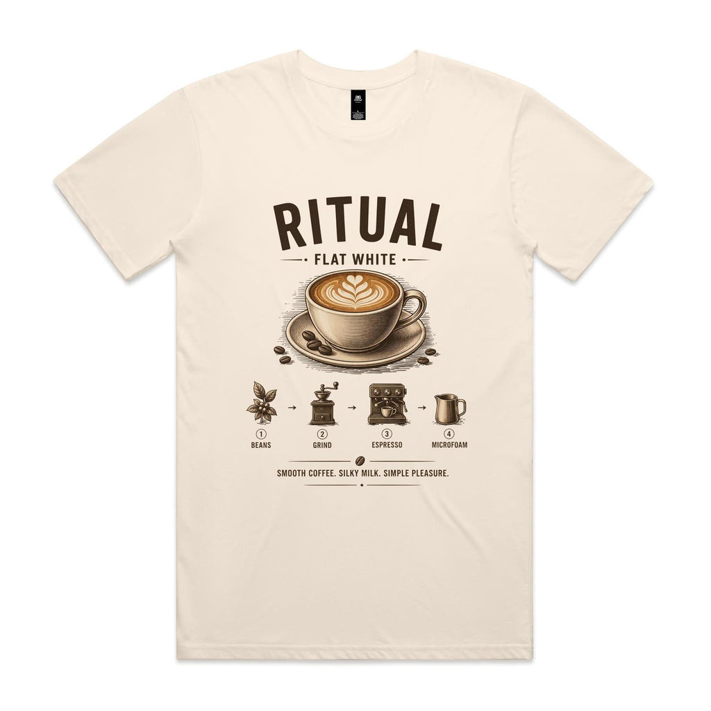 Front of the ecru Voltare Ritual Flat White T-shirt with an engraved flat white cup and rosetta and the four-step beans, grind, espresso, microfoam method.