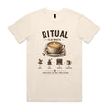 Front of the ecru Voltare Ritual Flat White T-shirt with an engraved flat white cup and rosetta and the four-step beans, grind, espresso, microfoam method.