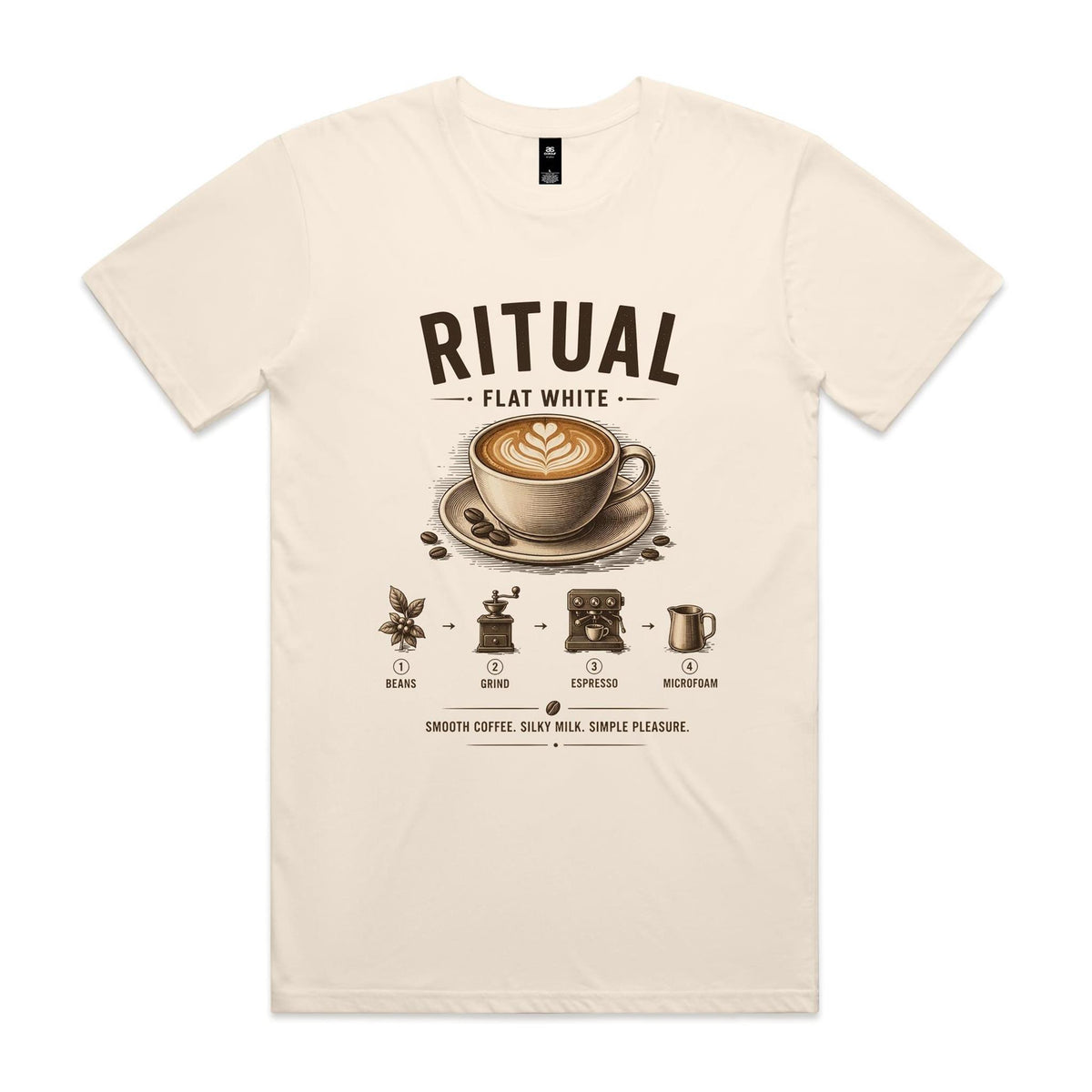 Front of the ecru Voltare Ritual Flat White T-shirt with an engraved flat white cup and rosetta and the four-step beans, grind, espresso, microfoam method.