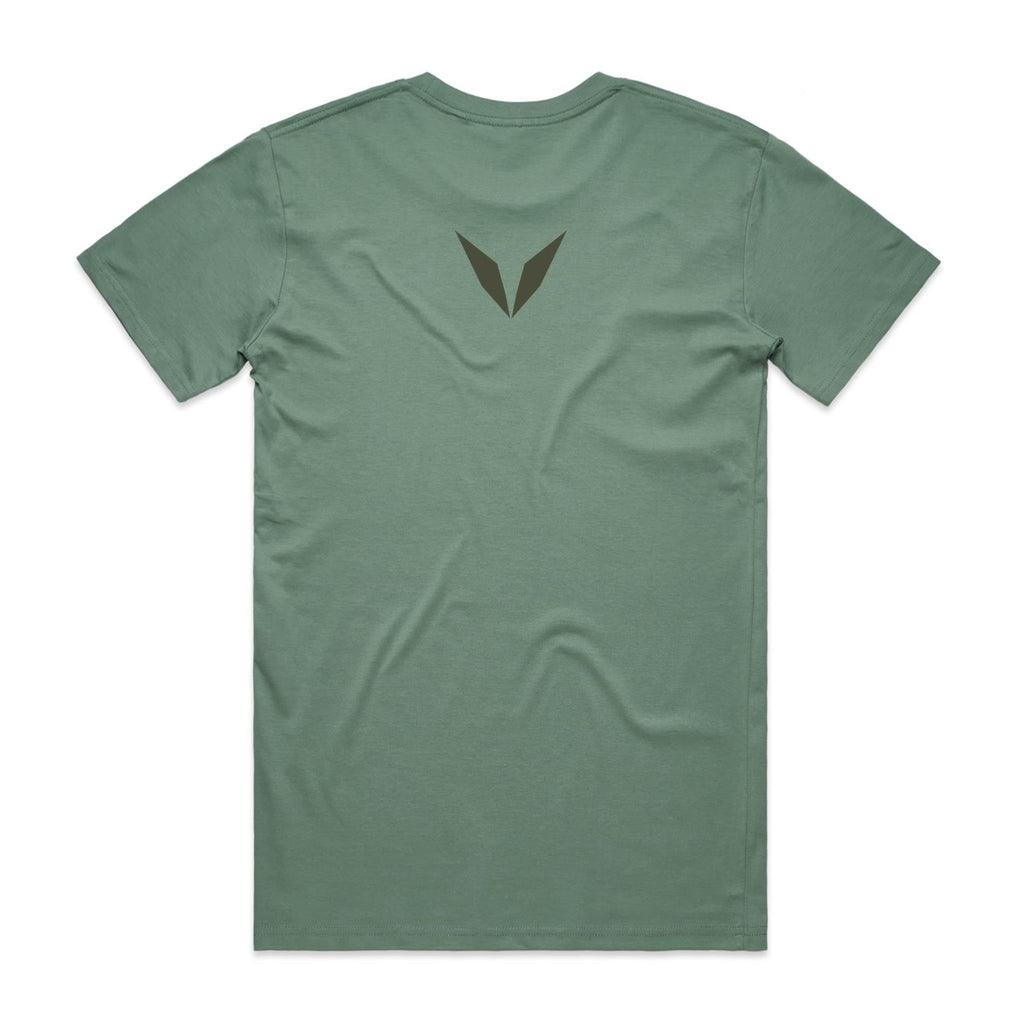 Back of the sage Voltare Ritual Green Tea T-shirt with a small olive-toned Voltare V logo at the upper back.